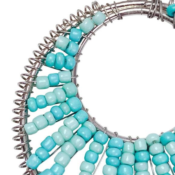 Vintage Boho Seed Bead Hoop Earrings Silver Tone Aqua Turquoise Festival Jewelry - Picture 4 of 9